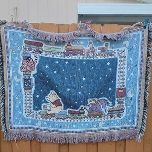 Vintage Winnie the Pooh & Friends Kids Train Tapestry Blanket - Blue